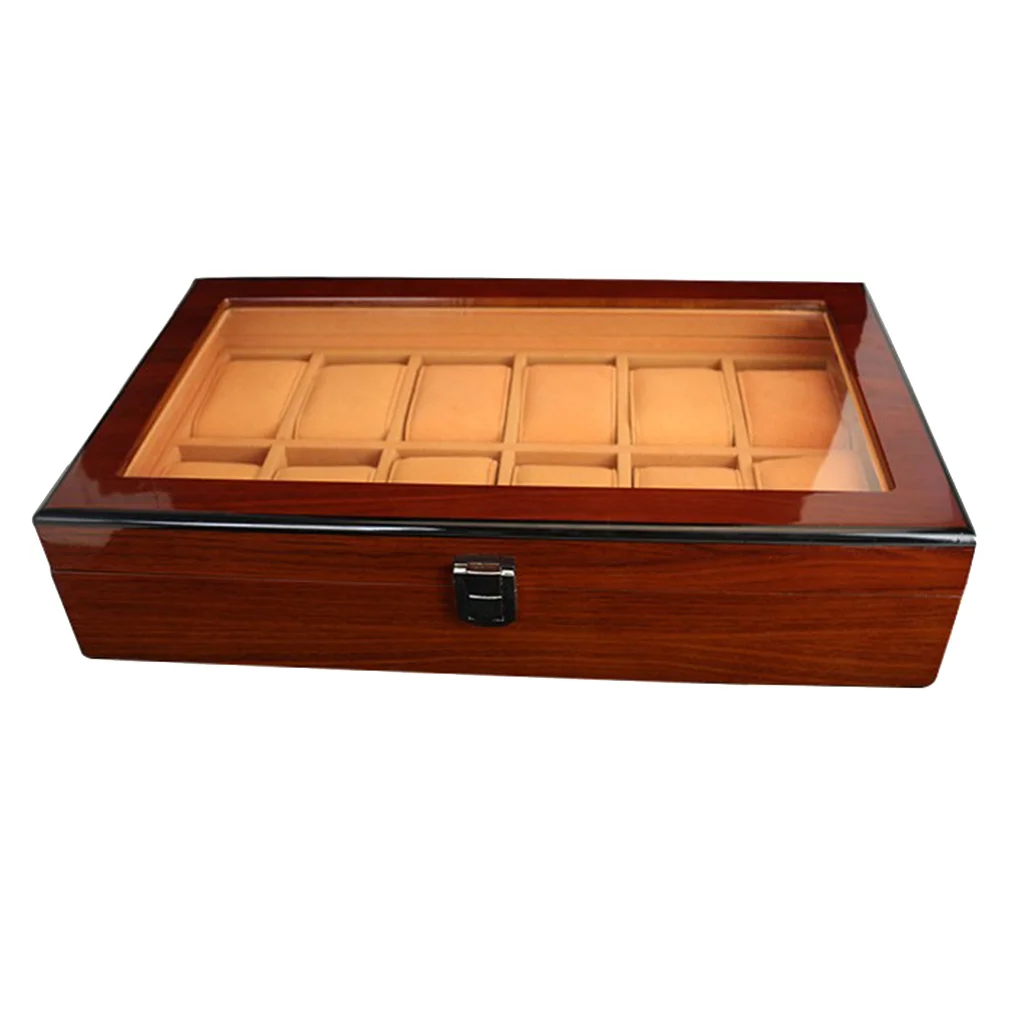 12 Slots Wooden Clock Display Case Glass Case Lock Storage Organizer