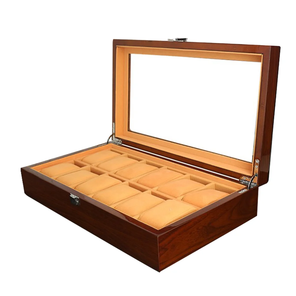 12 Slots Wooden Clock Display Case Glass Case Lock Storage Organizer