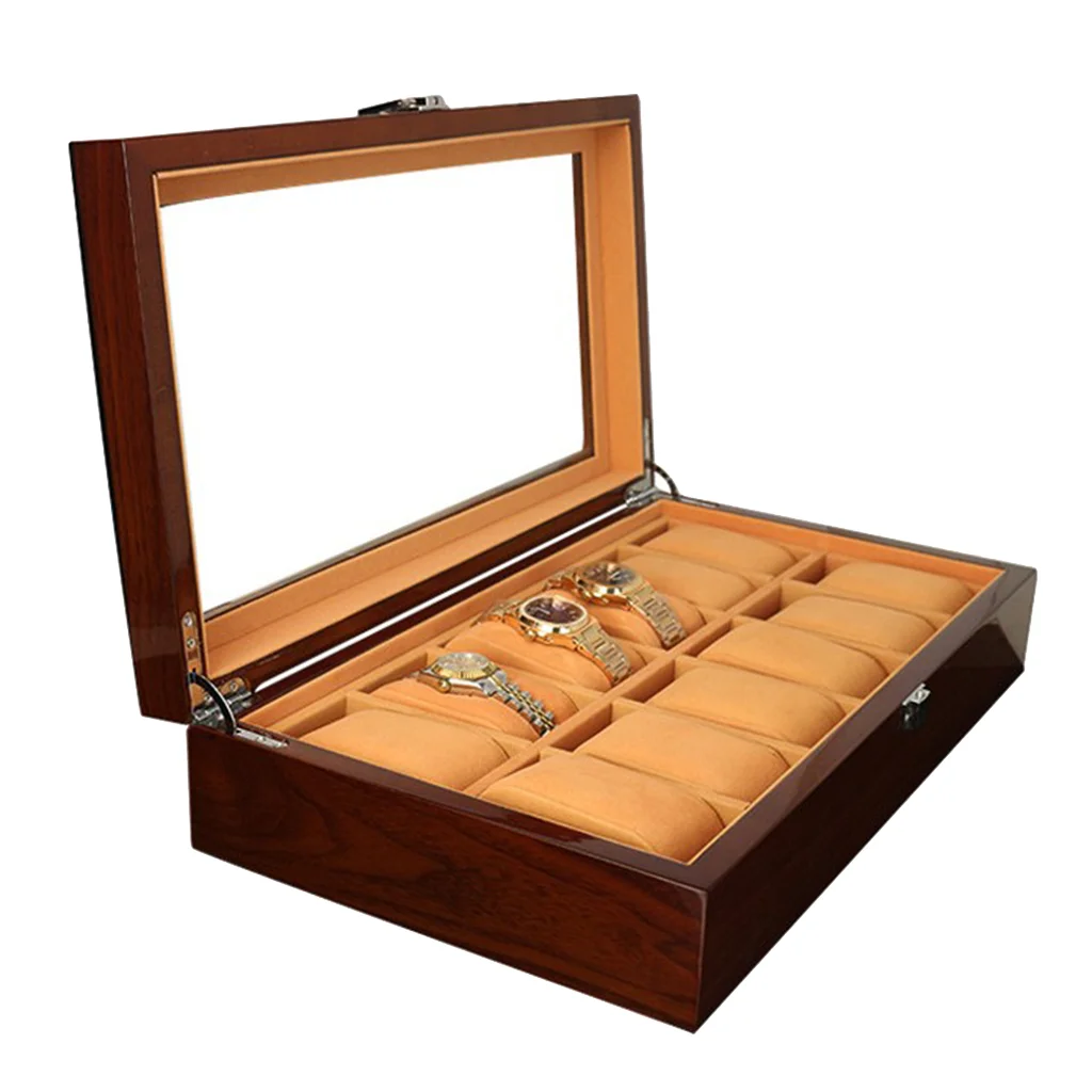 12 Slots Wooden Clock Display Case Glass Case Lock Storage Organizer