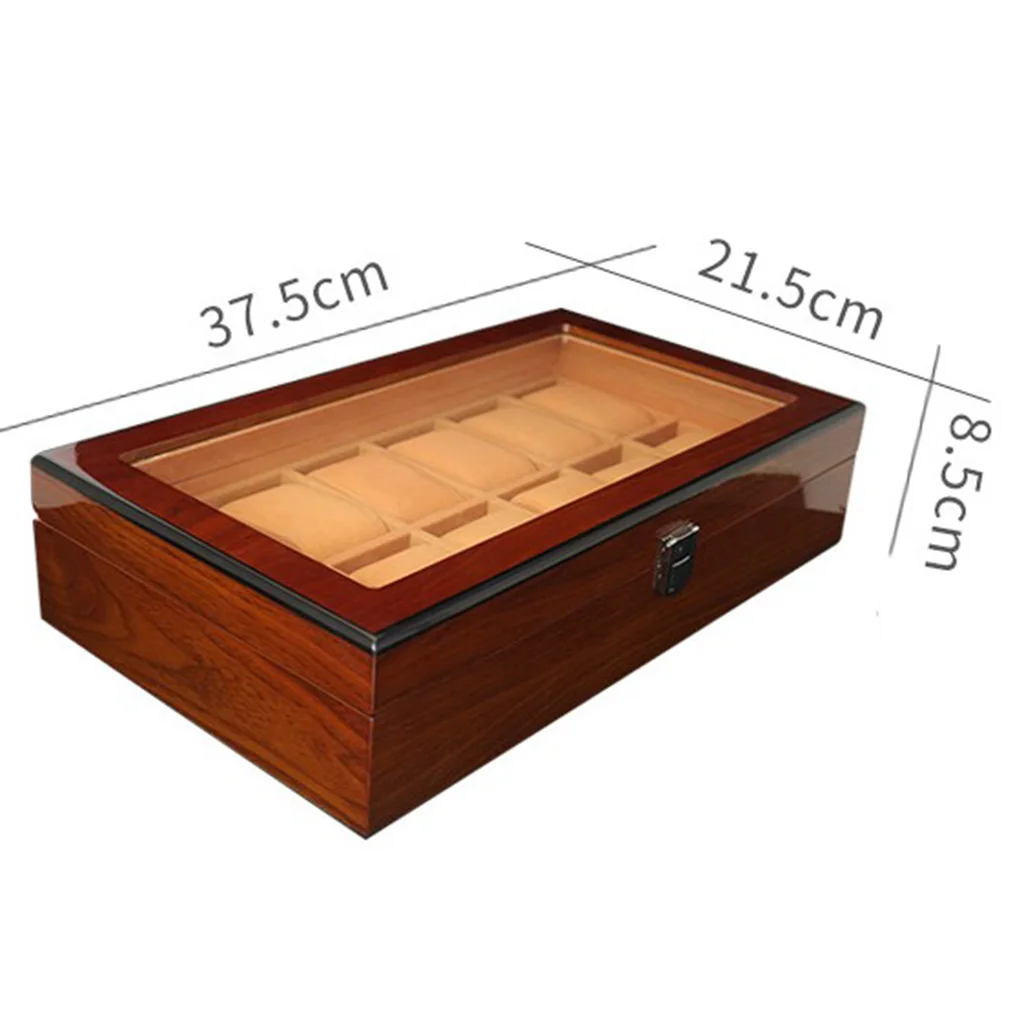 12 Slots Wooden Clock Display Case Glass Case Lock Storage Organizer