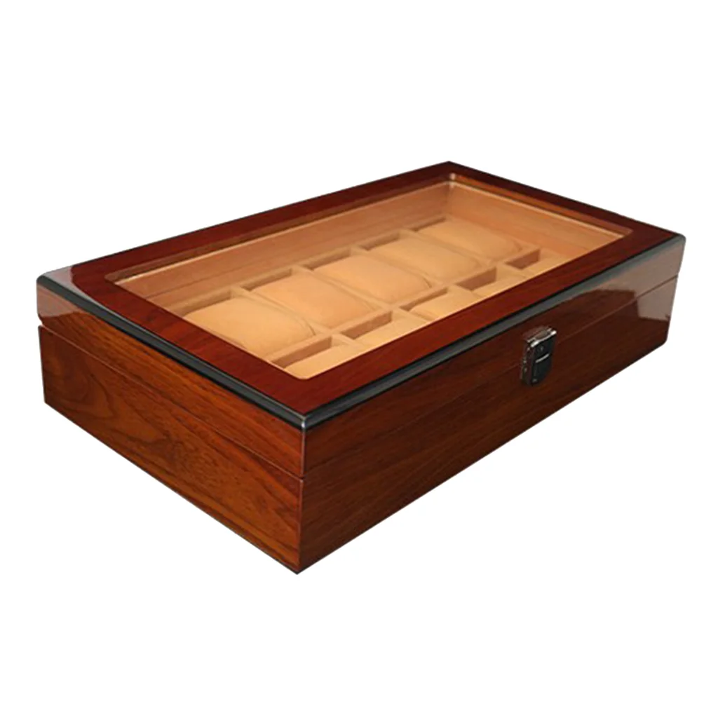 12 Slots Wooden Clock Display Case Glass Case Lock Storage Organizer