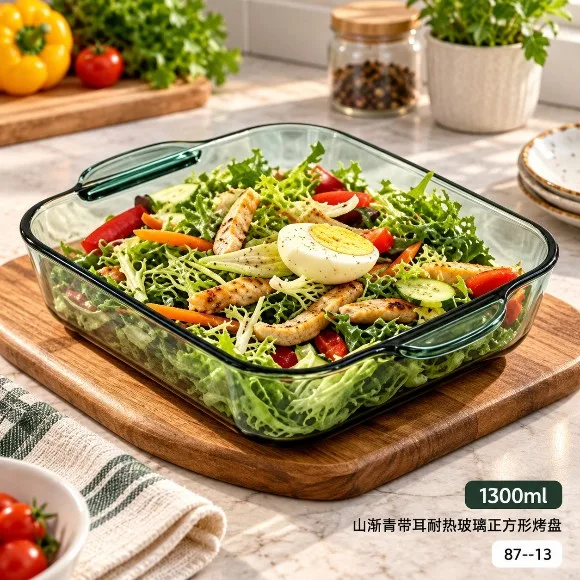 1300ml Heat-Resistant Square Glass Baking Dish with Handles