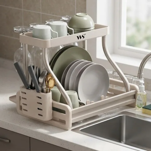 2-Tier Dish Drying Rack with Cutlery Holder & Drainage Tray