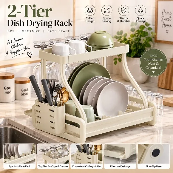 2-Tier Dish Drying Rack with Cutlery Holder & Drainage Tray