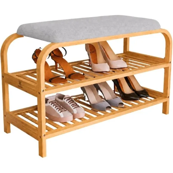 2 Tiers Bamboo Shoe Rack with Upholstered Bench