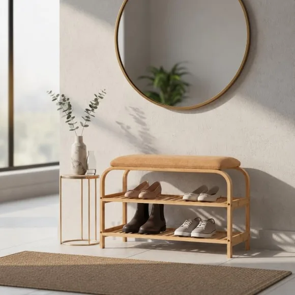 2 Tiers Bamboo Shoe Rack with Upholstered Bench