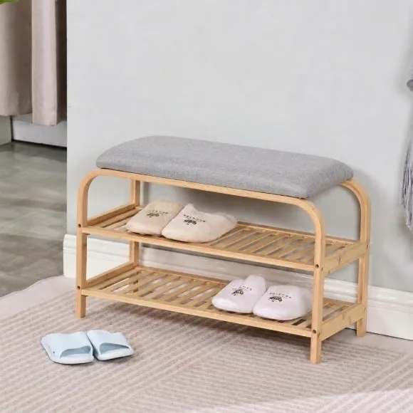 2 Tiers Bamboo Shoe Rack with Upholstered Bench