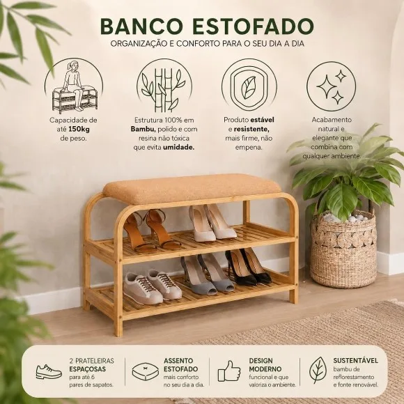 2 Tiers Bamboo Shoe Rack with Upholstered Bench