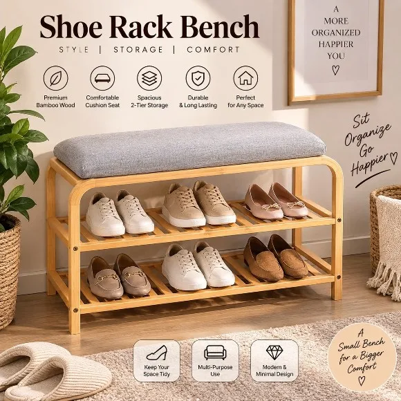 2 Tiers Bamboo Shoe Rack with Upholstered Bench