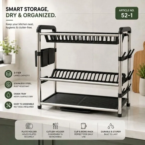 3 Layer Stainless Steel Dish Rack Cutlery & Knife Holder