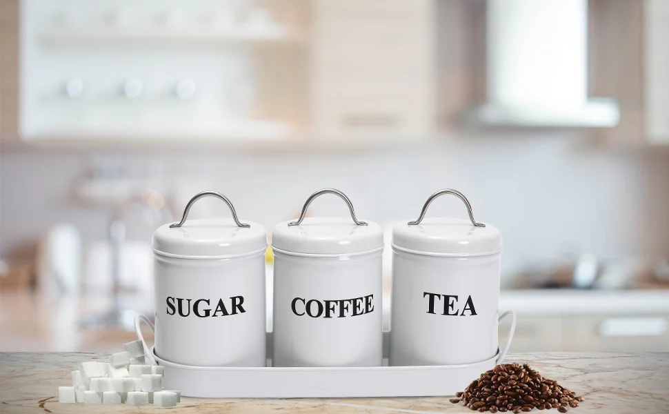 3-Piece Vintage, Retro, Farmhouse Metal Containers with Lids, Coffee, Tea, Sugar Set Canister 