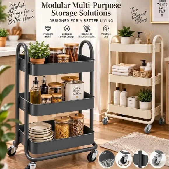 3 Tier Rolling Cart Utility Cart with Lockable Wheels Rolling Metal Storage