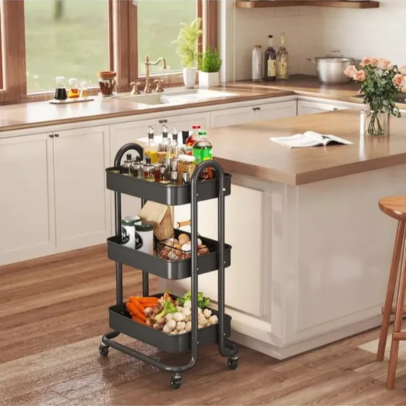 3 Tier Rolling Cart Utility Cart with Lockable Wheels Rolling Metal Storage