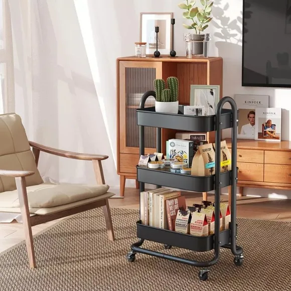 3 Tier Rolling Cart Utility Cart with Lockable Wheels Rolling Metal Storage