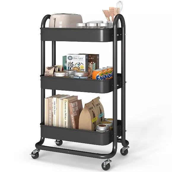 3 Tier Rolling Cart Utility Cart with Lockable Wheels Rolling Metal Storage