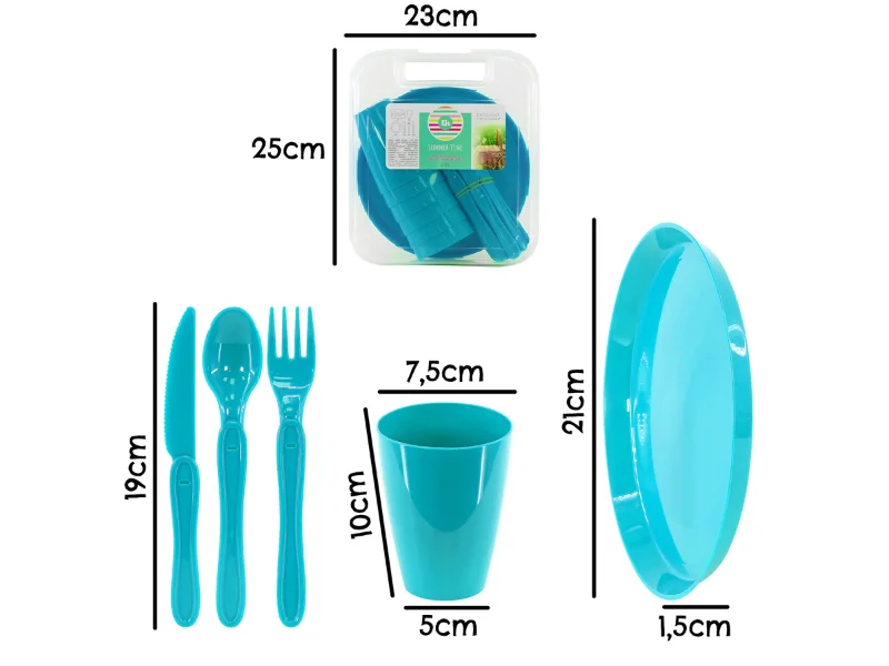 GEEZY 31 Piece Camping Picnic Plastic Utensils BBQ Set with Knives Forks Spoons Cups & Plates blue