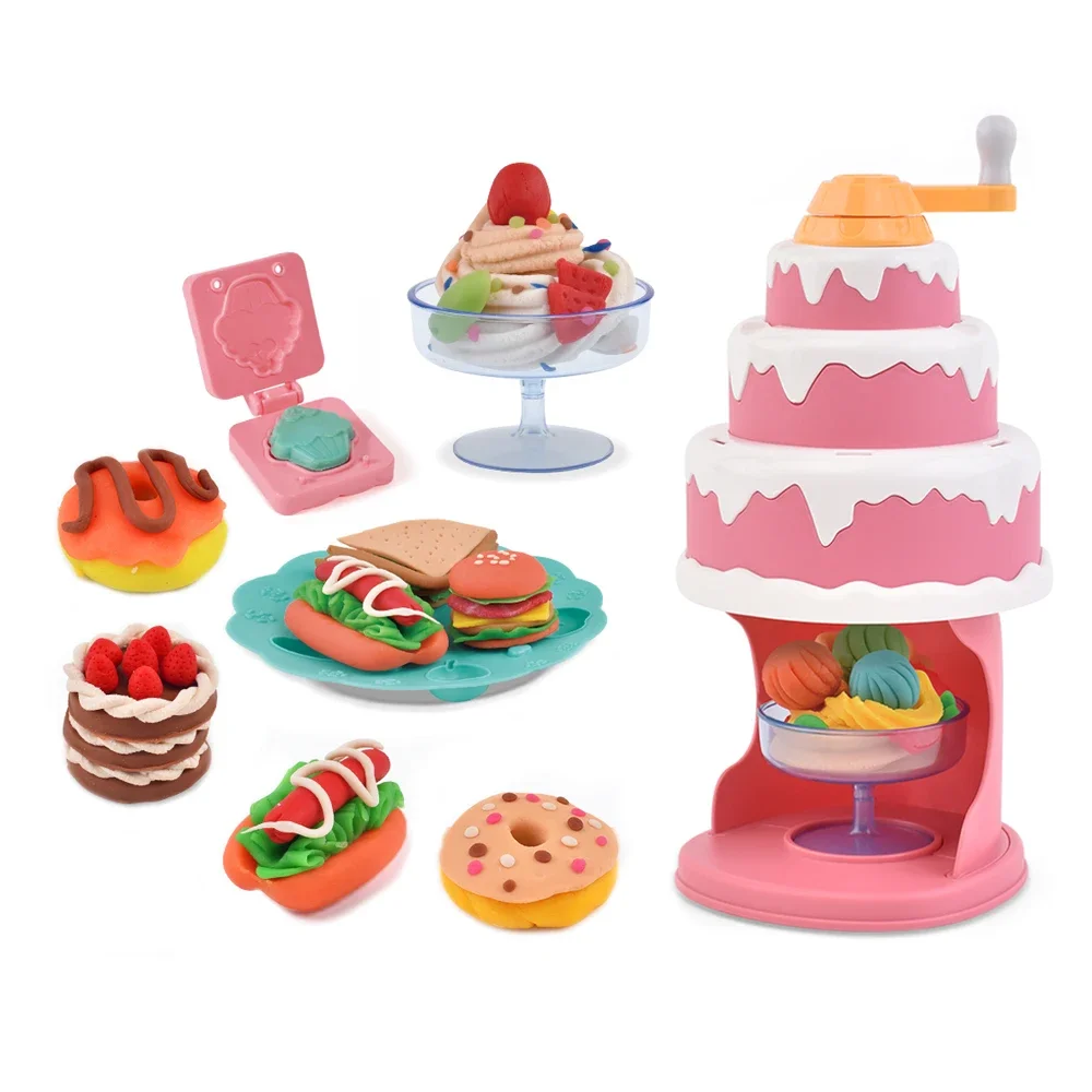Hot sale non toxic eco-friendly 3D clay tool modeling play dough cake machine kit pretend play color mud toy set for kids play