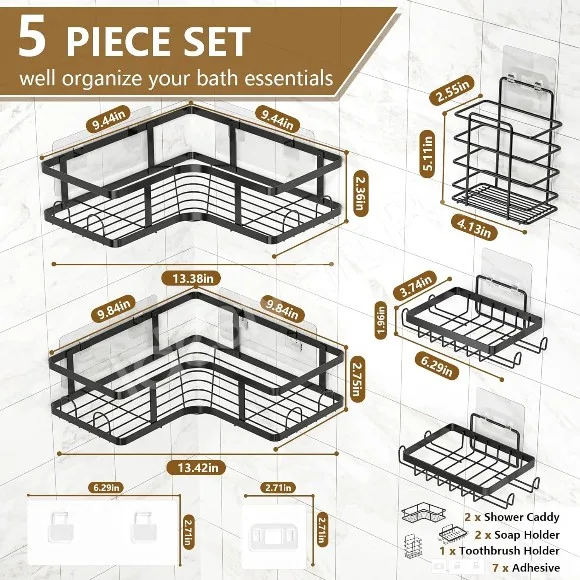 5-Piece Black Metal Wire Shower Caddy Organizer Set