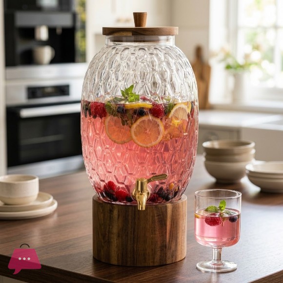 6L Glass Dispenser with Wooden Lid and Stand Premium Beverage Server for Parties and Home Bars