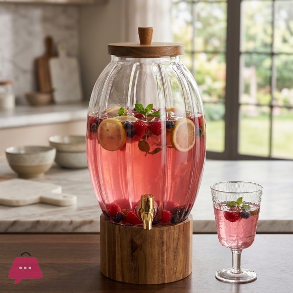 6L Glass Dispenser with Wooden Lid and Stand Premium Beverage Server for Parties and Home Bars