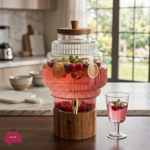 6L Glass Dispenser with Wooden Lid and Stand Premium Beverage Server for Parties and Home Bars