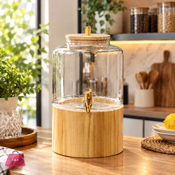6L Glass Dispenser with Wooden Lid and Stand Premium Beverage Server for Parties and Home Bars
