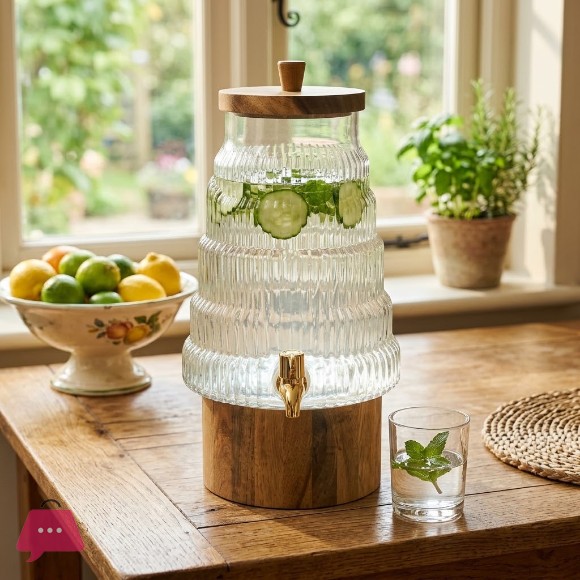 6L Glass Dispenser with Wooden Lid and Stand Premium Beverage Server for Parties and Home Bars