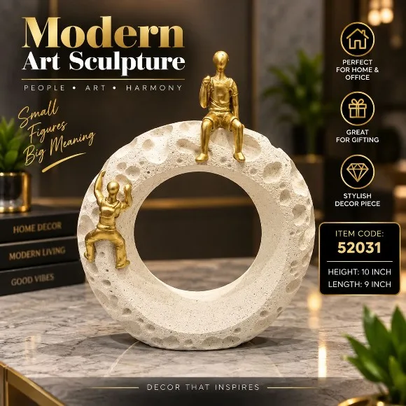 Abstract Resin Moon Crater Art Sculpture with Climbing Golden Figures 10 x 9 Inch