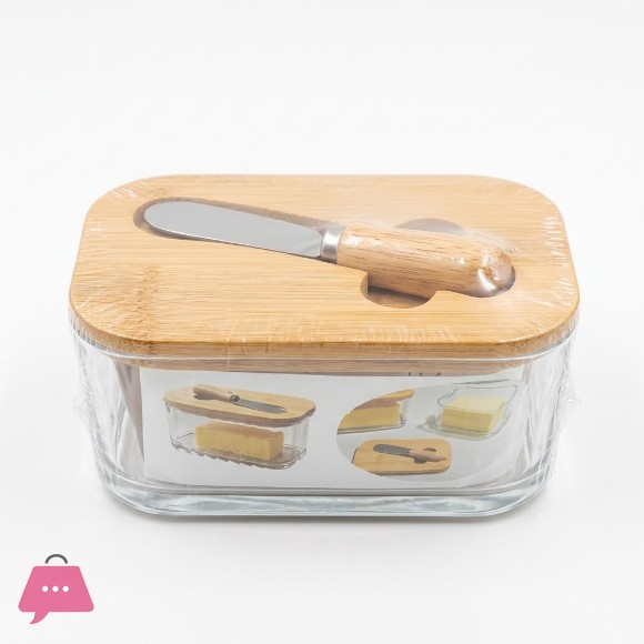 Acrylic Bamboo Top Butter Dish & Knife Set With Clear Storage Box