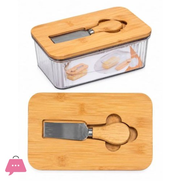 Acrylic Bamboo Top Butter Dish & Knife Set With Clear Storage Box