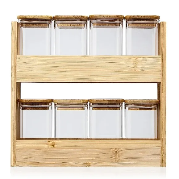 Bamboo Square Condiment Holder Spice Rack Shelf Spice Organizer 2 Tiers 8 Glass Jars Lid Countertop