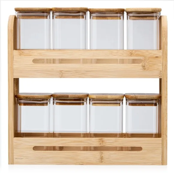 Bamboo Square Condiment Holder Spice Rack Shelf Spice Organizer 2 Tiers 8 Glass Jars Lid Countertop