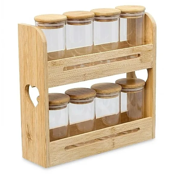 Bamboo Square Condiment Holder Spice Rack Shelf Spice Organizer 2 Tiers 8 Glass Jars Lid Countertop