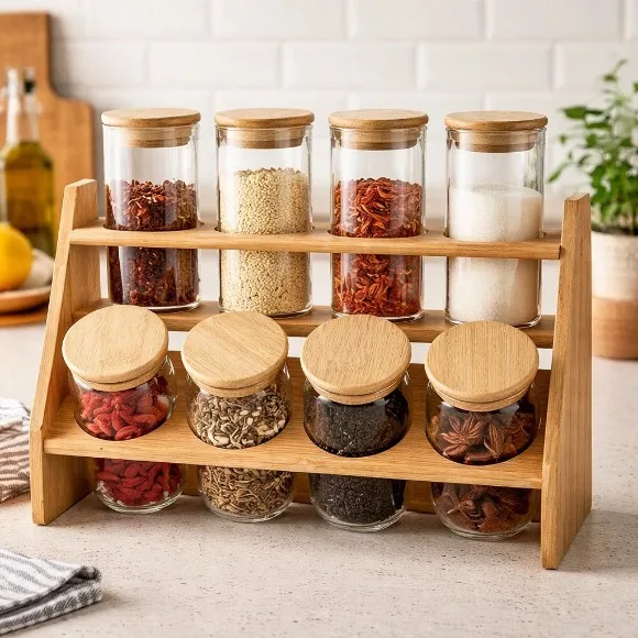 Bamboo Glass Jar Set With Wooden Stand 9-Piece