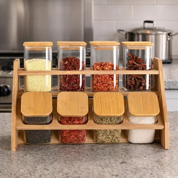 Bamboo Glass Jar Set With Wooden Stand 9-Piece