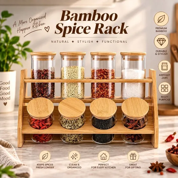 Bamboo Glass Jar Set With Wooden Stand 9-Piece
