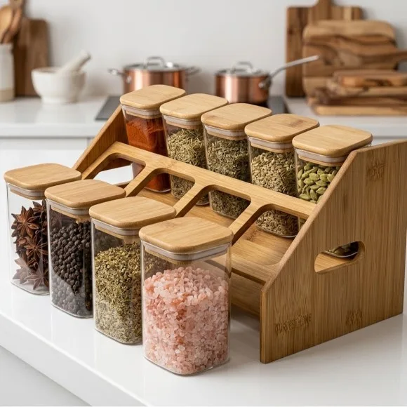 Bamboo Glass Spice Rack 300ml Jars