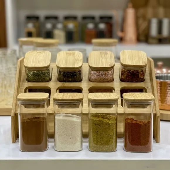 Bamboo Glass Spice Rack 300ml Jars