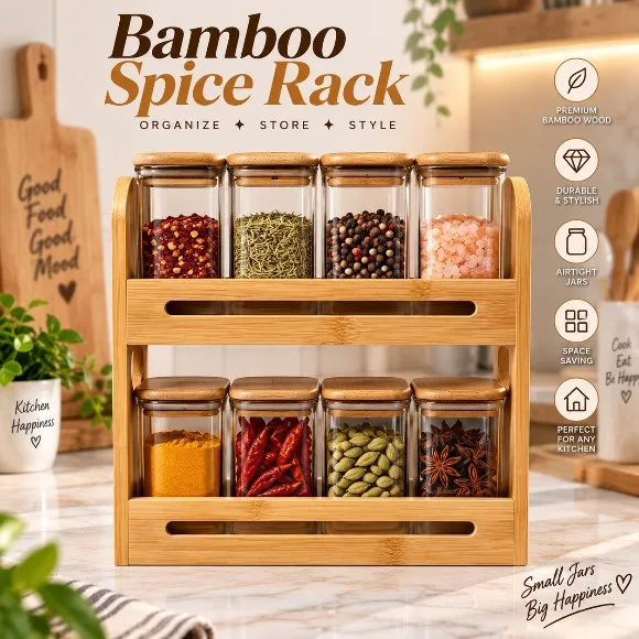Bamboo Square Condiment Holder Spice Rack Shelf Spice Organizer 2 Tiers 8 Glass Jars Lid Countertop
