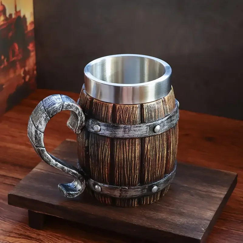 a 20oz large capacity stainless steel cup in of a resembling a wooden beer mug made of resin cold drinks party bars and as a gift for friends or for a fathers birthday and Product details 7
