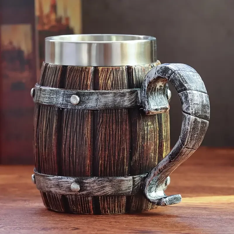 a 20oz large capacity stainless steel cup in of a resembling a wooden beer mug made of resin cold drinks party bars and as a gift for friends or for a fathers birthday and Product details 4