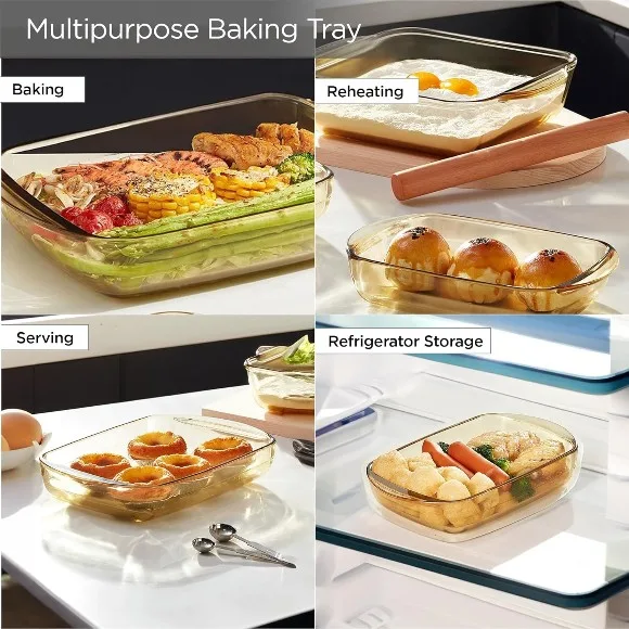 Borosilicate Glass Baking Tray Yellow Microwave Oven Safe Utensils 1600ml