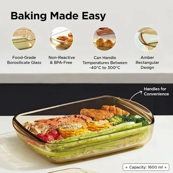Borosilicate Glass Baking Tray Yellow Microwave Oven Safe Utensils 1600ml