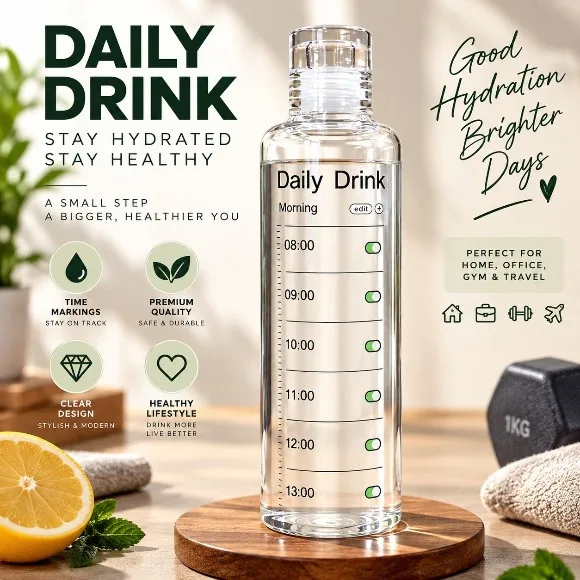 Borosilicate Glass Bottle Aqua Pure Bottle for Fitness Sports Water Bottle with Unique Timeline Measurements Hot and Cold Water