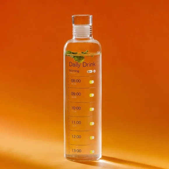 Borosilicate Glass Bottle Aqua Pure Bottle for Fitness Sports Water Bottle with Unique Timeline Measurements Hot and Cold Water