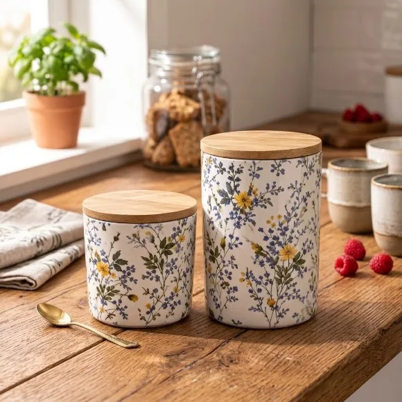 Botanical Print Round Shape Ceramic Canister Bamboo Lid