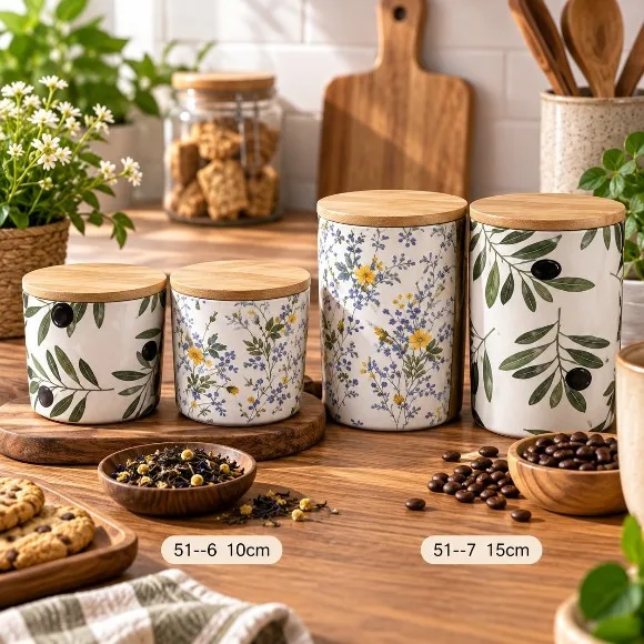 Botanical Print Round Shape Ceramic Canister Bamboo Lid