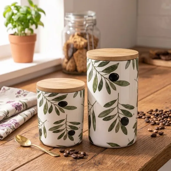 Botanical Print Round Shape Ceramic Canister Bamboo Lid