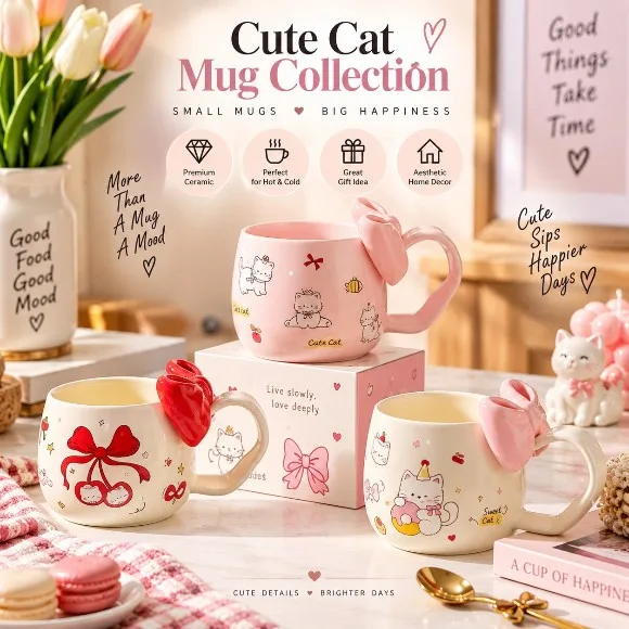 Cute Cat Ribbon Mug Ceramic