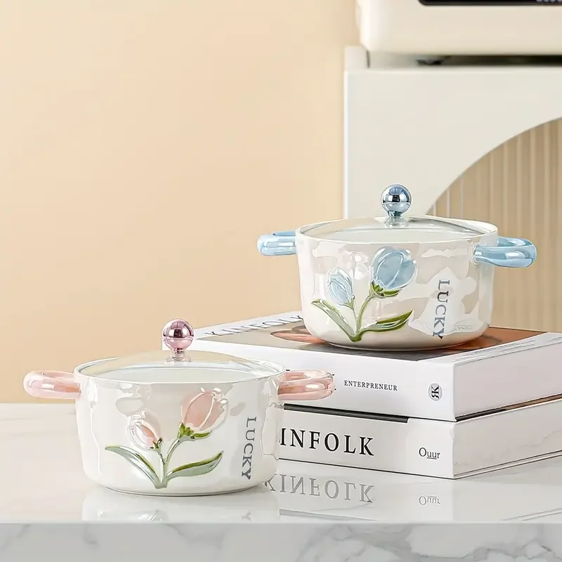 1pc ceramic bowl with lid pearl glazed tulip double ear creative and cute soup bowl rice bowl instant noodle bowl fruit bowl used for and restaurant kitchen supplies tableware accessories Product details 0